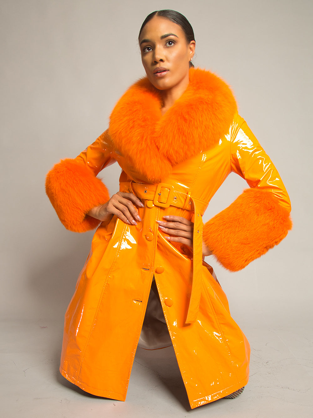 Patent Leather Coat w/ Fox Fur In Orange 3
