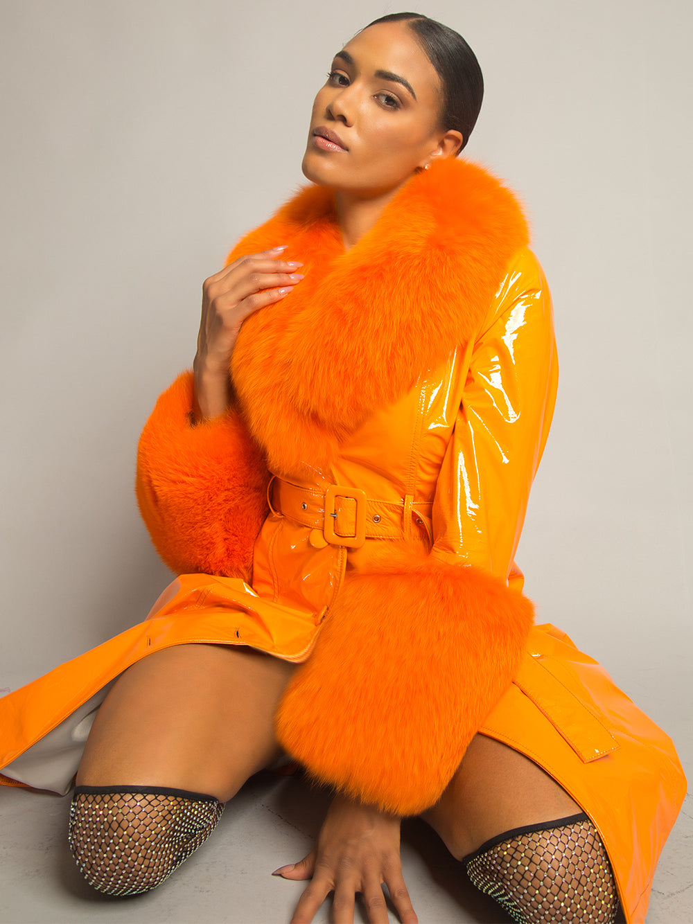 Patent Leather Coat w/ Fox Fur In Orange 14