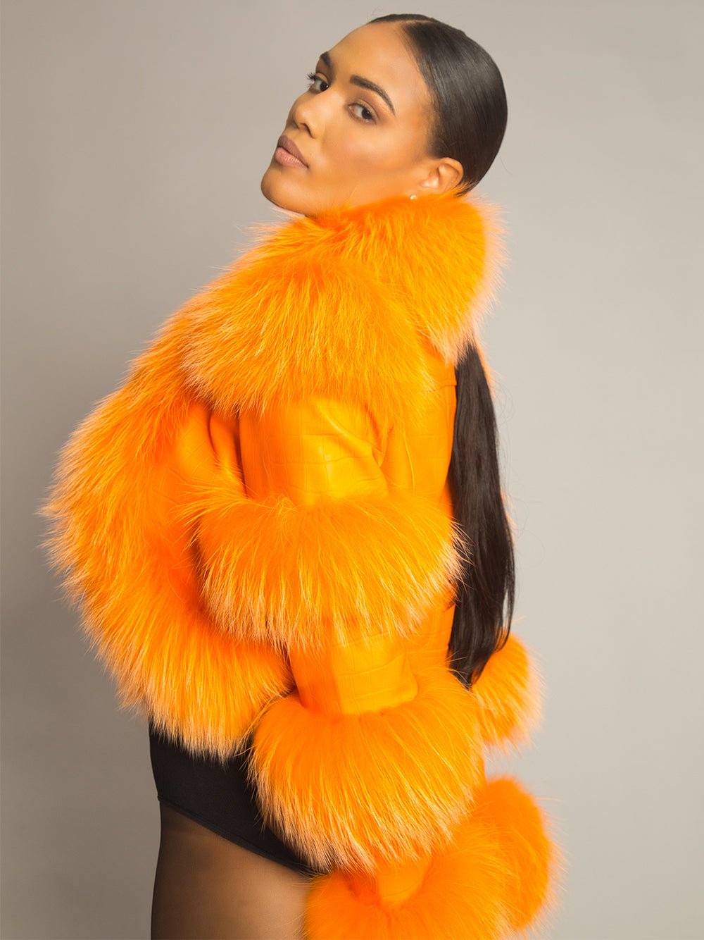 LITALY Fur Trim Leather Jacket in Orange 11