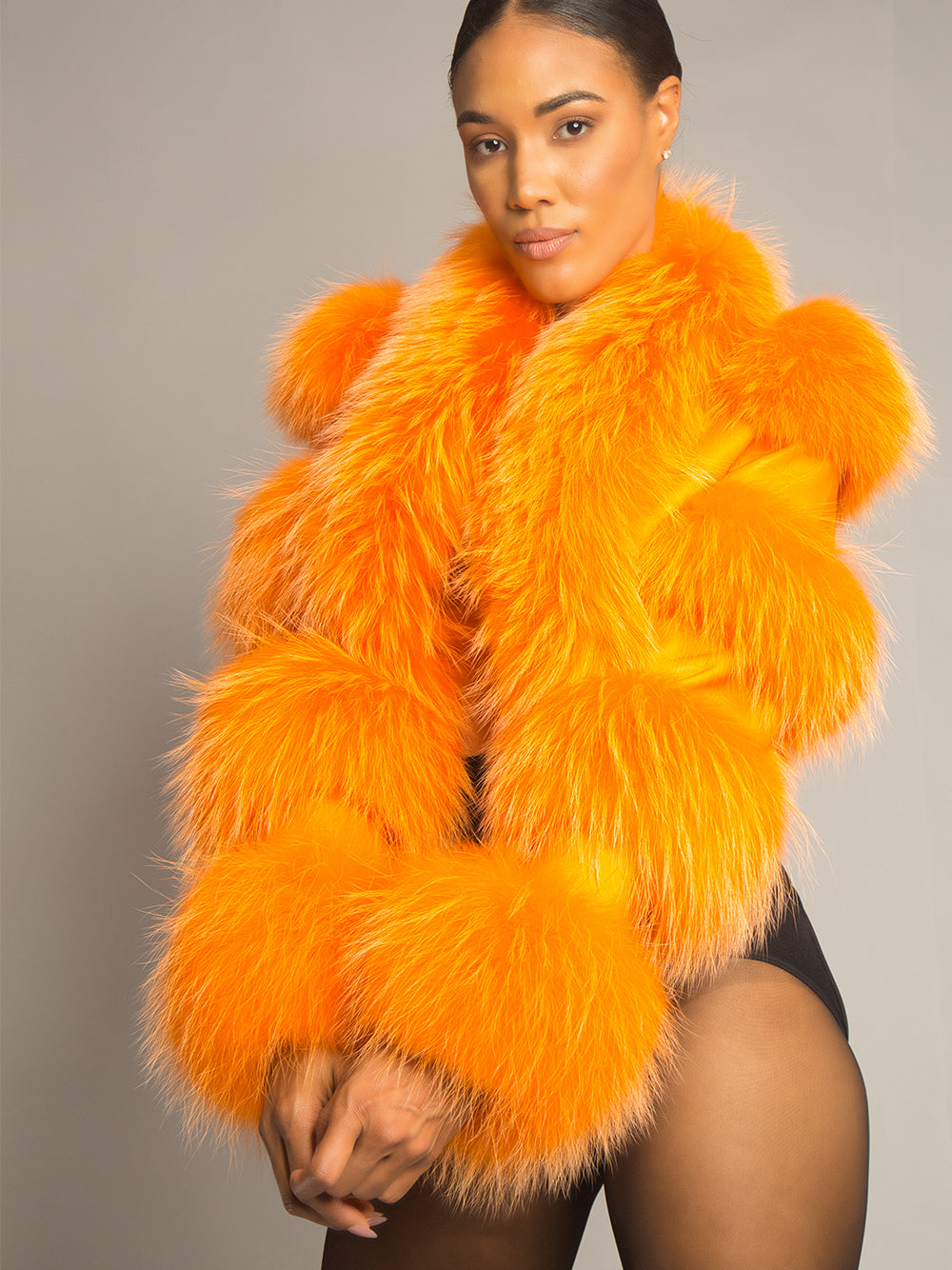 LITALY Fur Trim Leather Jacket in Orange 12