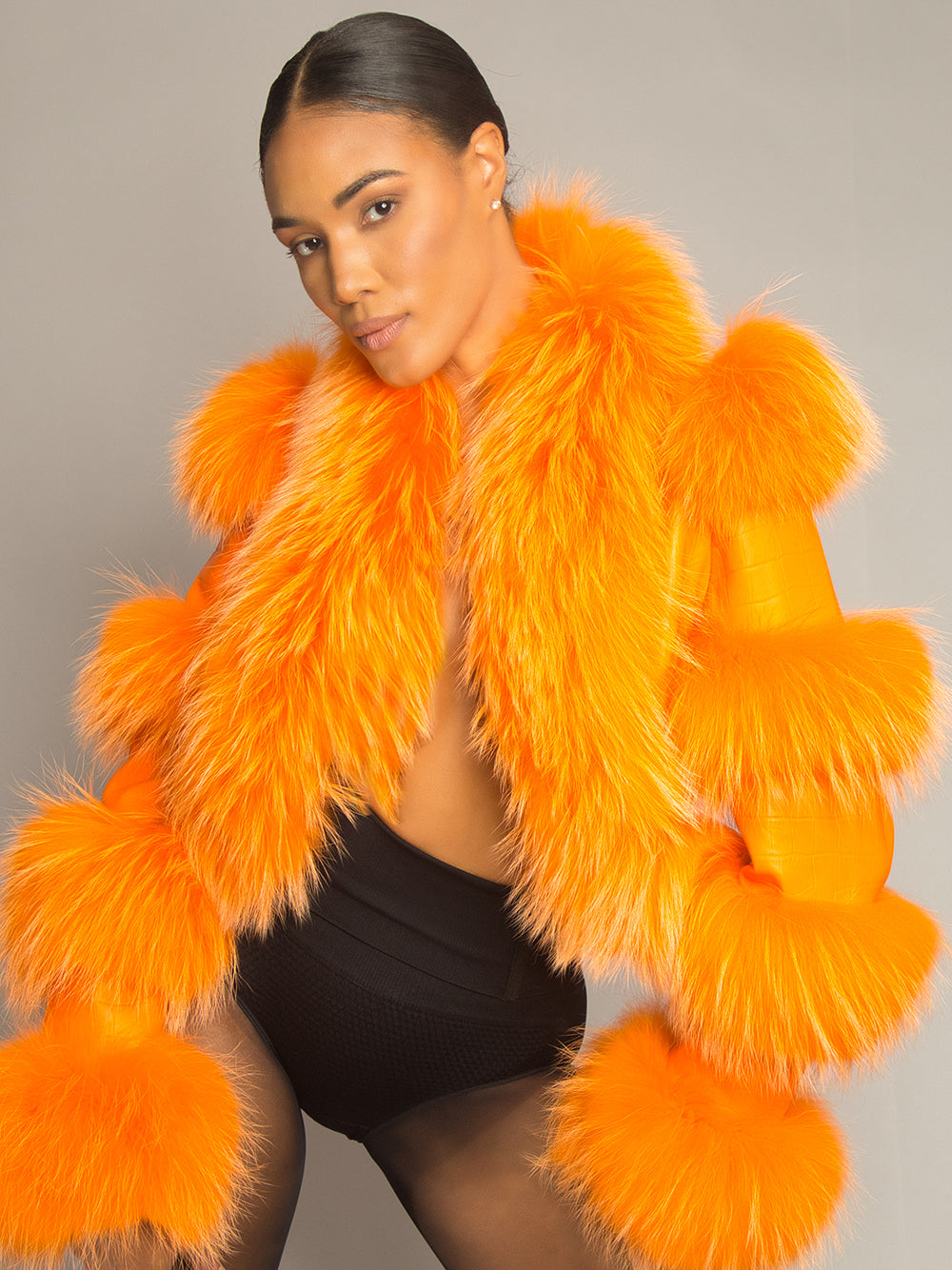 LITALY Fur Trim Leather Jacket in Orange 10