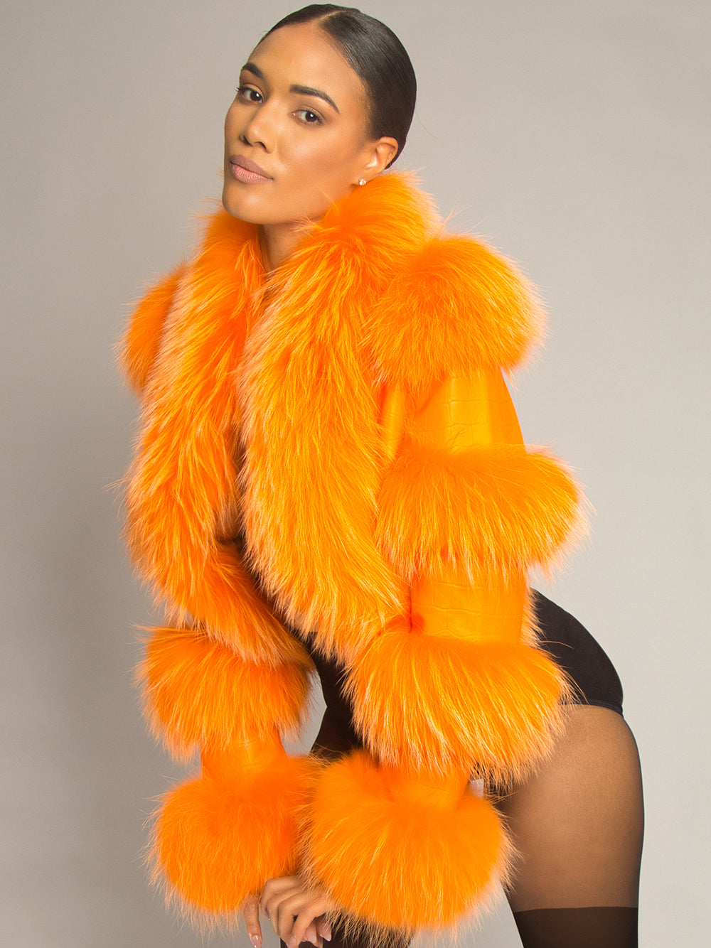 LITALY Fur Trim Leather Jacket in Orange 13