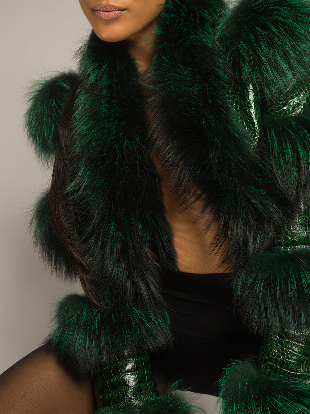 LITALY Fur Trim Leather Jacket in Dark Green 5