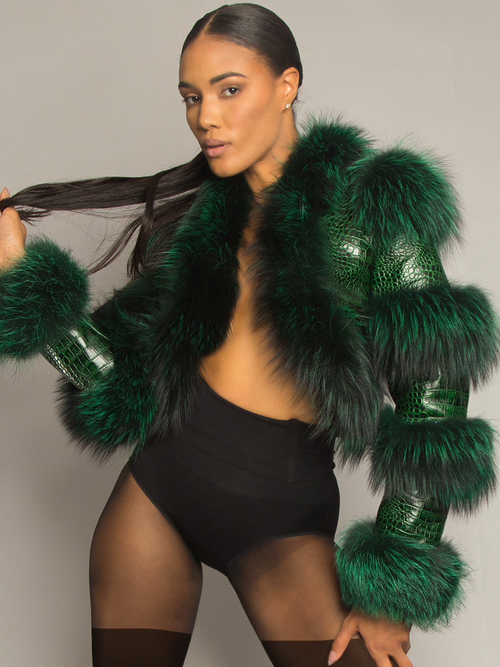 LITALY Fur Trim Leather Jacket in Dark Green 6
