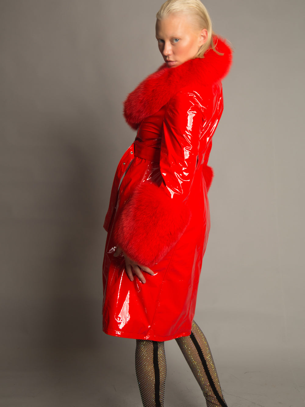 Patent Leather Coat w/ Fox Fur In Red 3