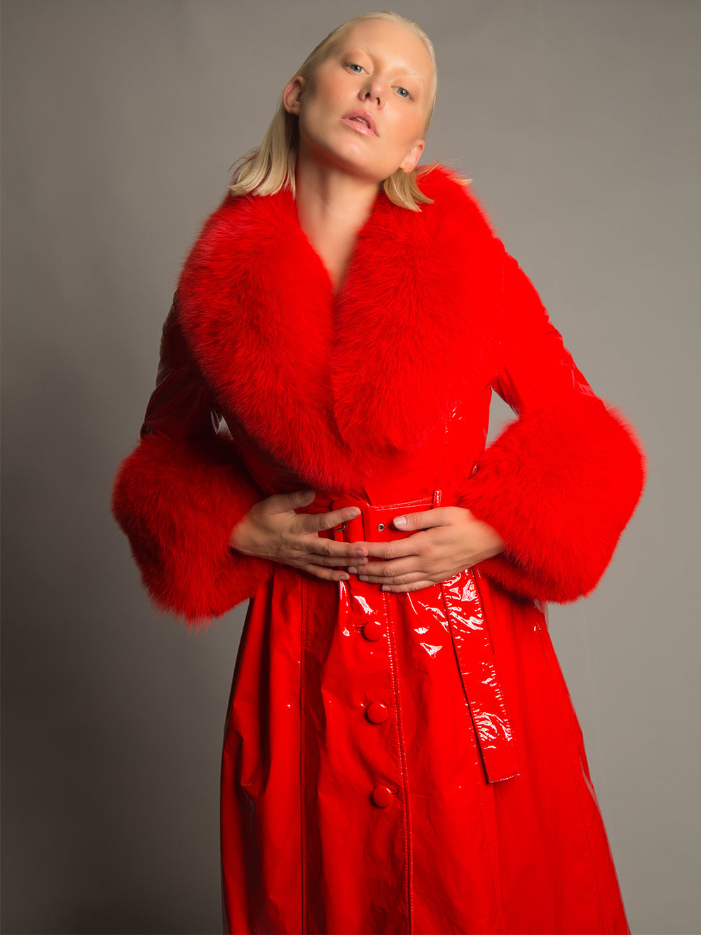 Patent Leather Coat w/ Fox Fur In Red 2