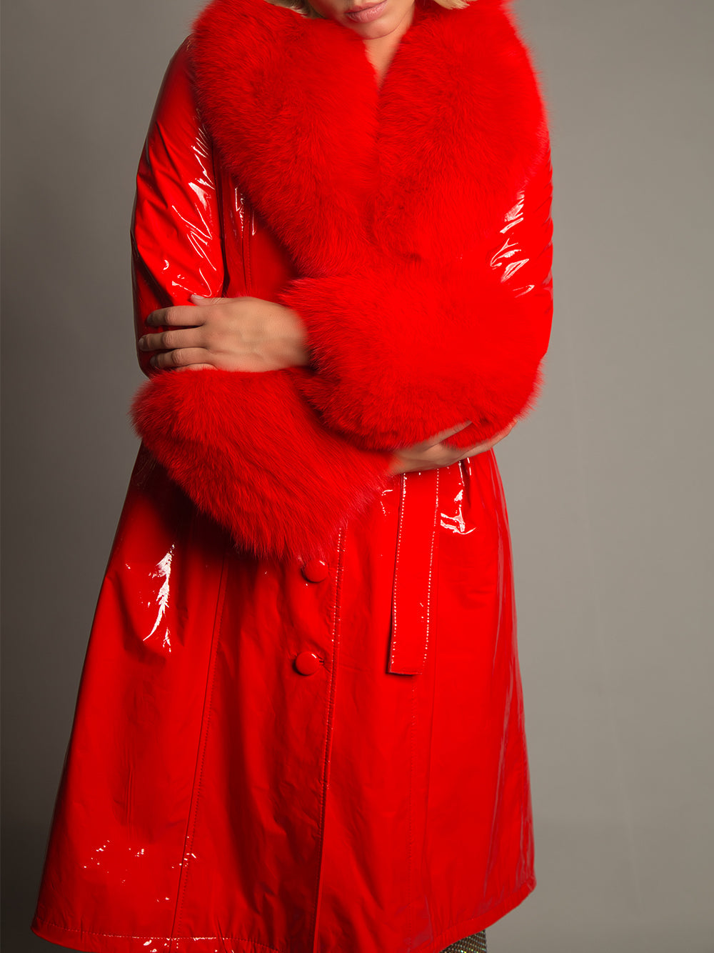 Patent Leather Coat w/ Fox Fur In Red 10