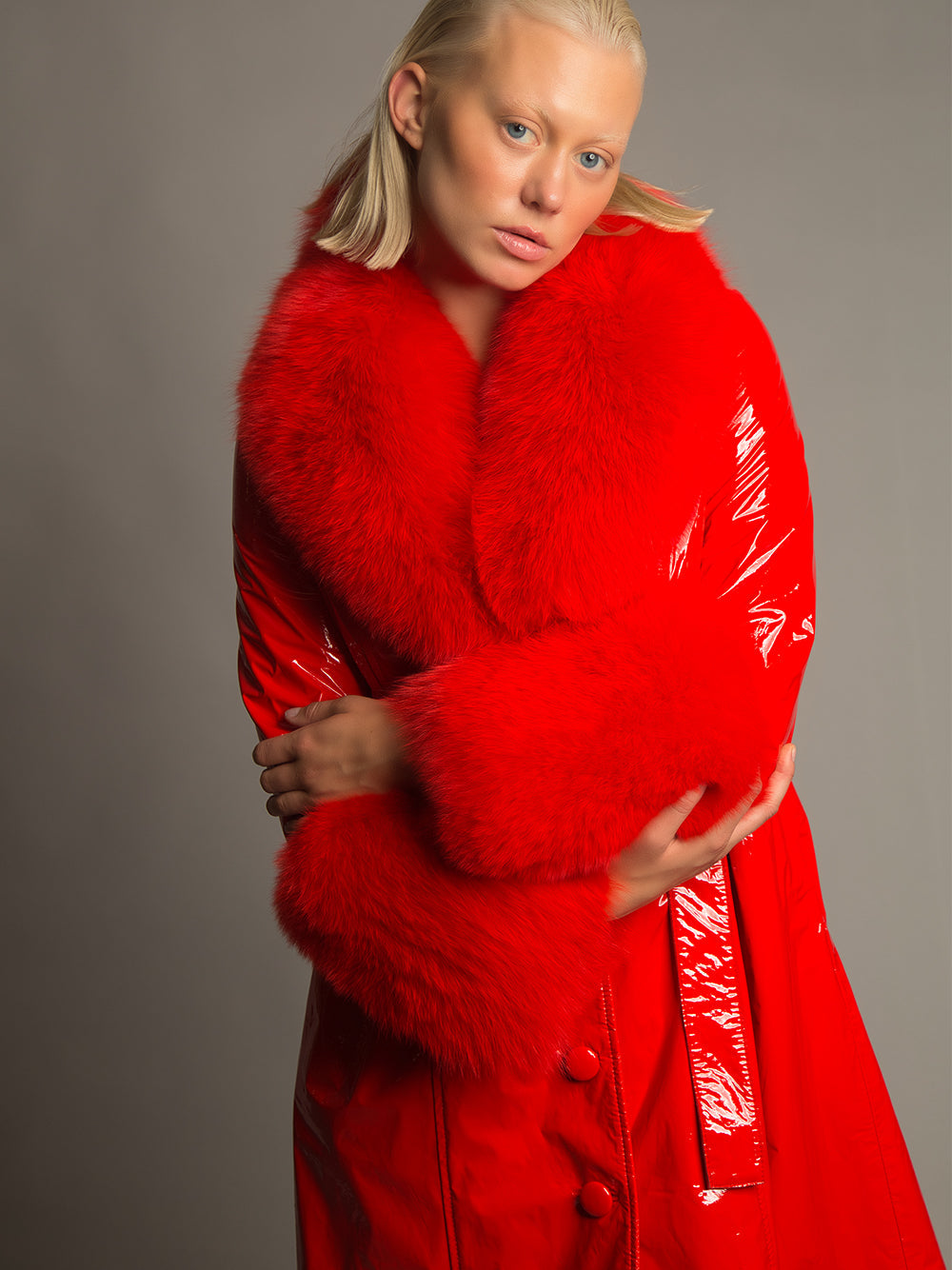Patent Leather Coat w/ Fox Fur In Red 5