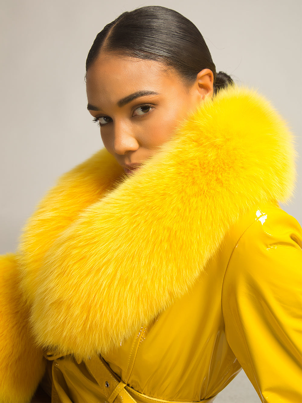Patent Leather Coat w/ Fox Fur In Yellow 6