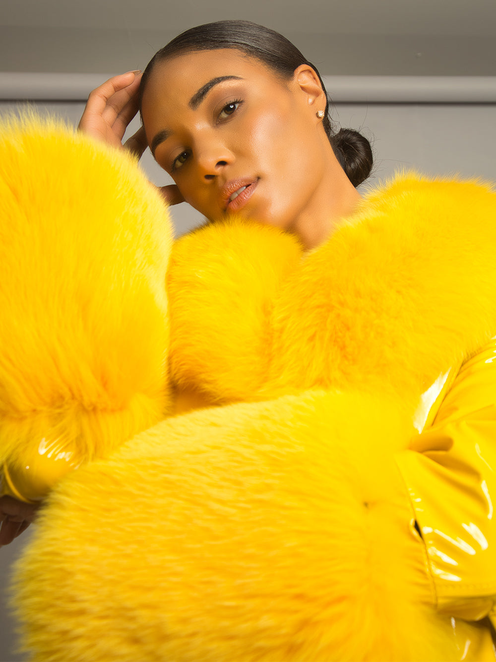 Patent Leather Coat w/ Fox Fur In Yellow 3