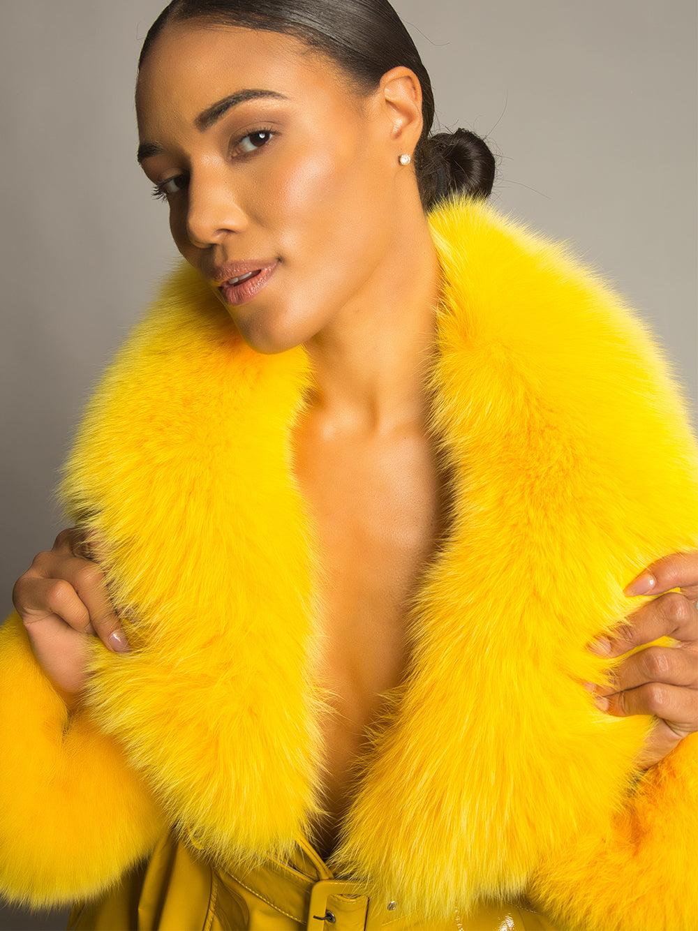 Patent Leather Coat w/ Fox Fur In Yellow 8
