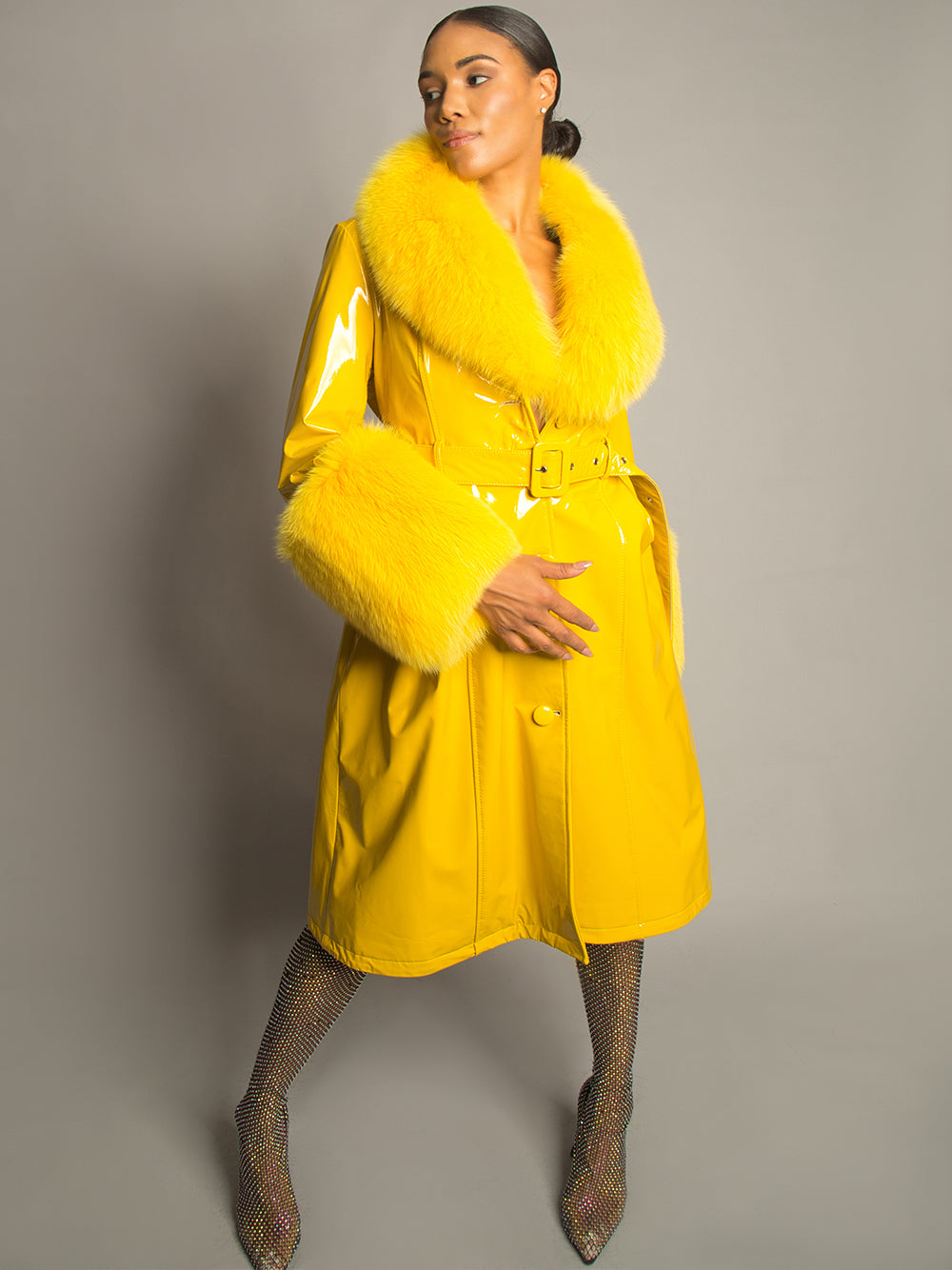 Patent Leather Coat w/ Fox Fur In Yellow 7