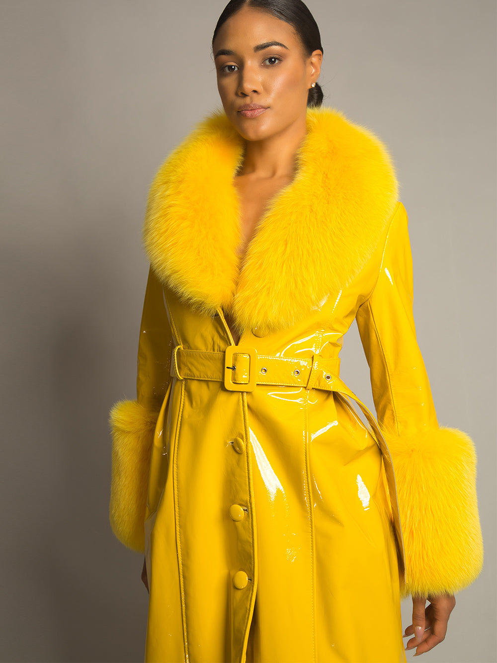 Patent Leather Coat w/ Fox Fur In Yellow 2