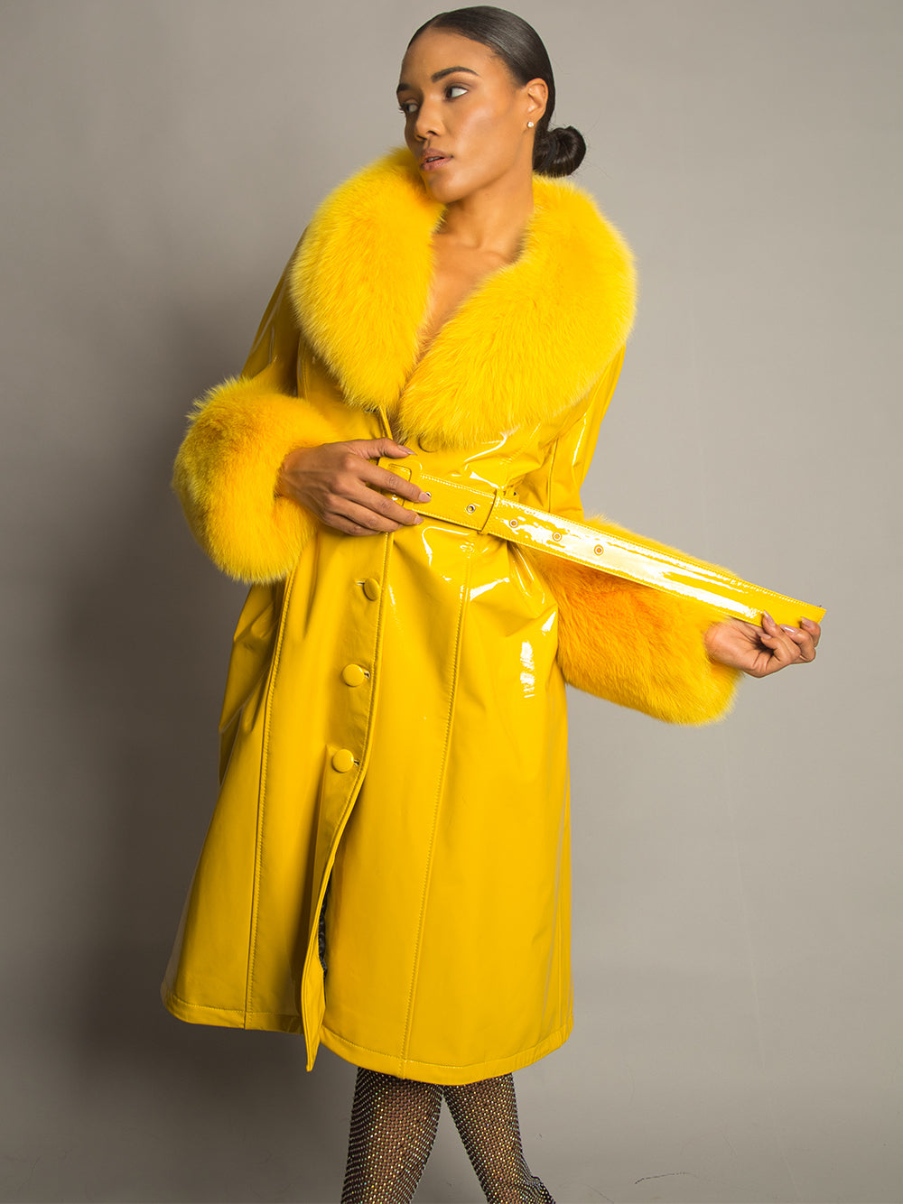 Patent Leather Coat w/ Fox Fur In Yellow 4