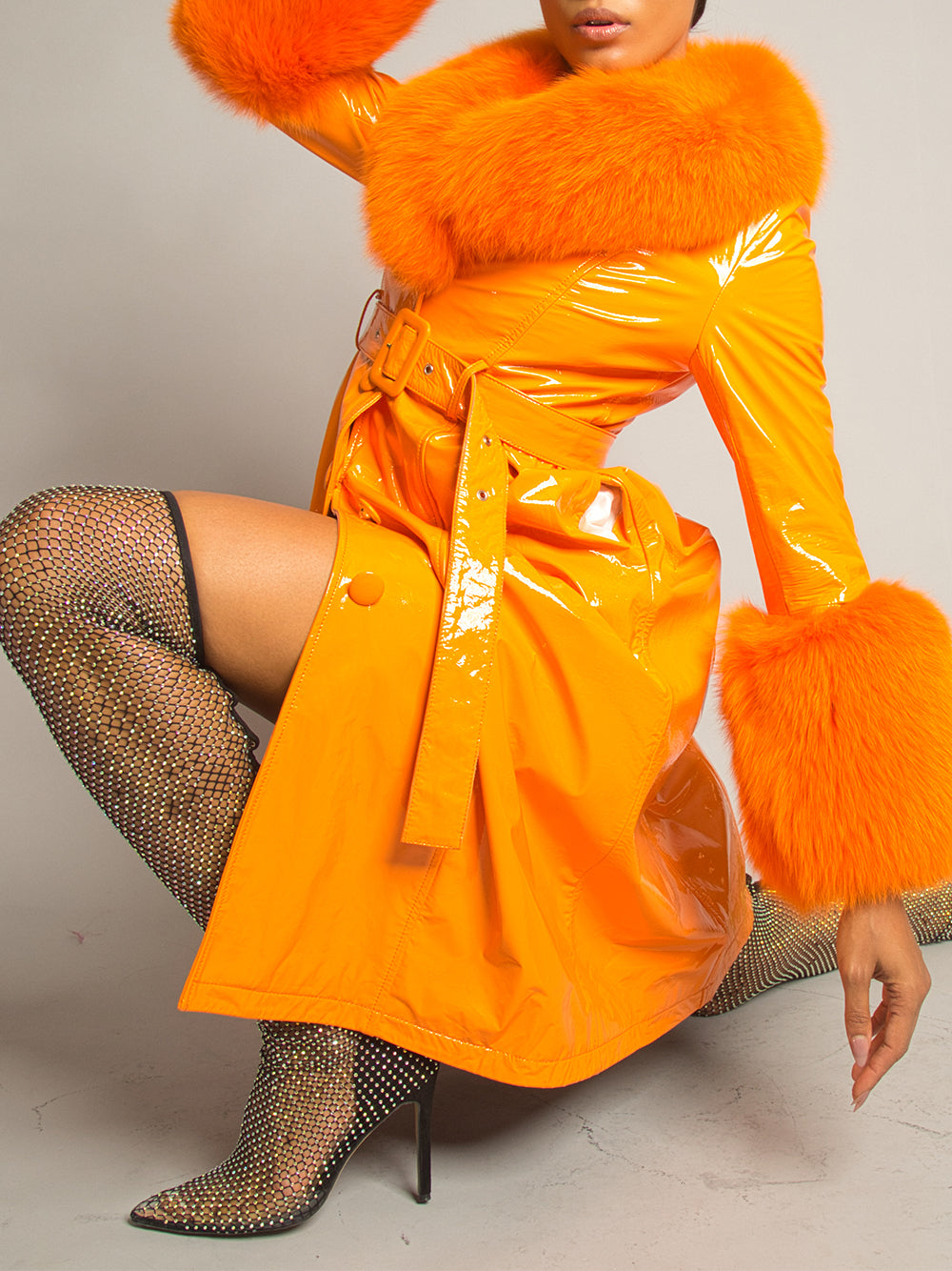 Patent Leather Coat w/ Fox Fur In Orange 19