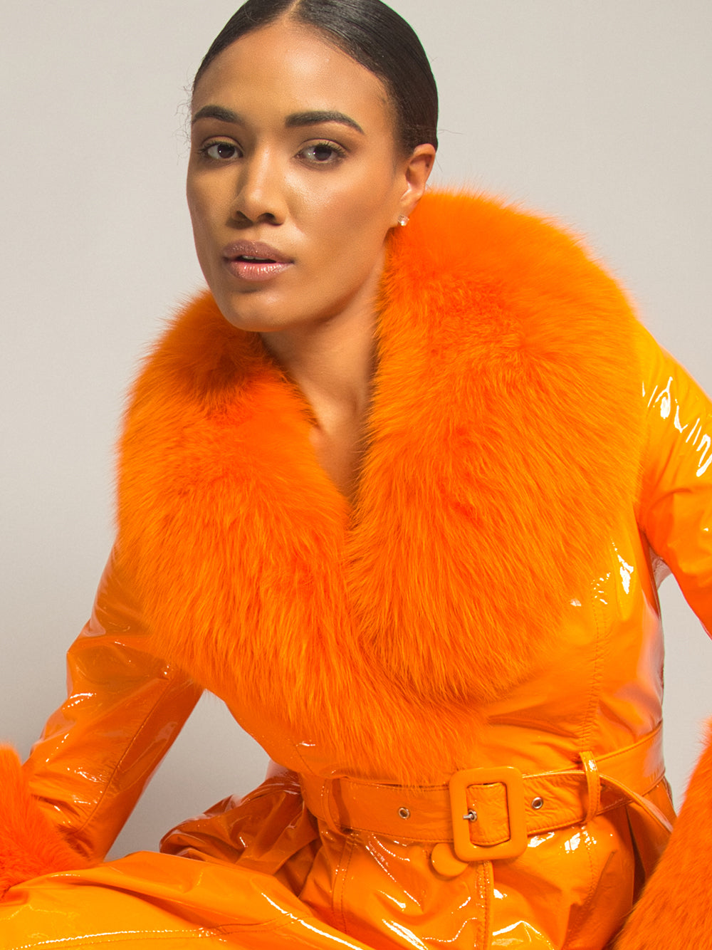 Patent Leather Coat w/ Fox Fur In Orange 16