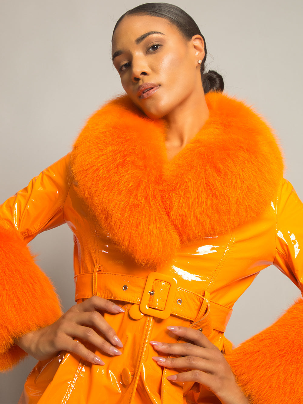 Patent Leather Coat w/ Fox Fur In Orange 20