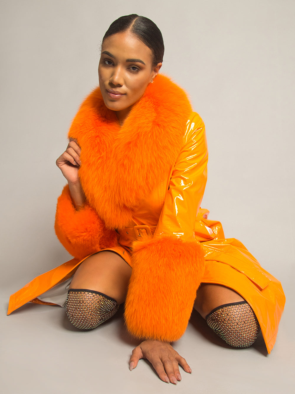 Patent Leather Coat w/ Fox Fur In Orange 22