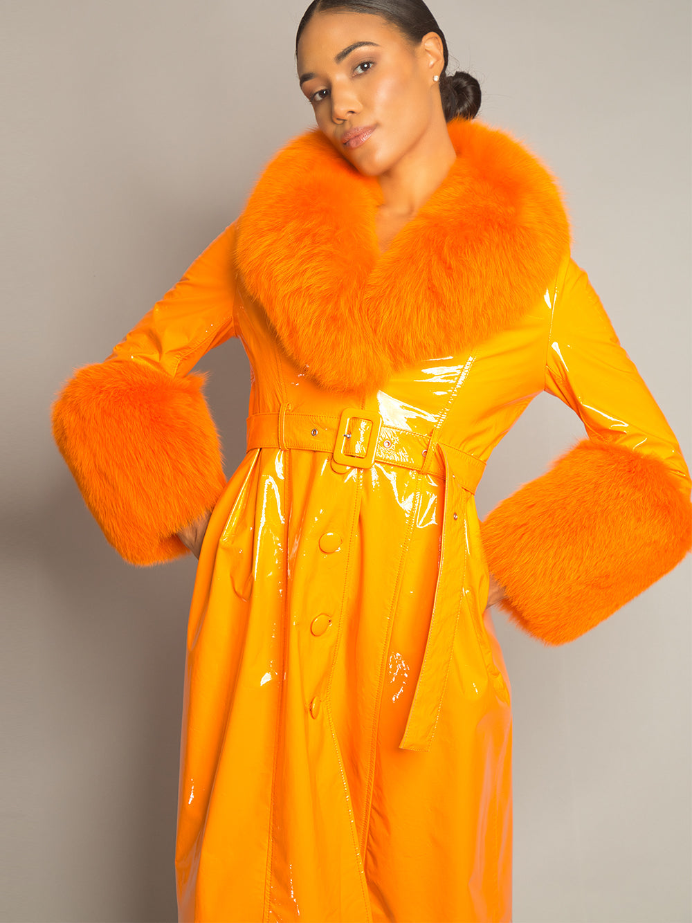 Patent Leather Coat w/ Fox Fur In Orange 18