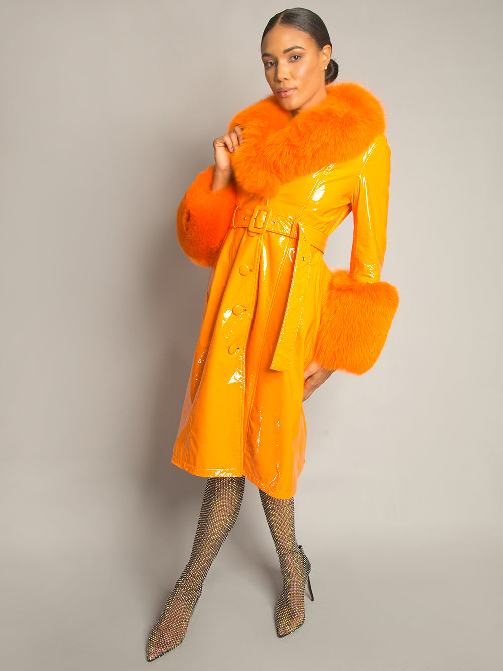 Patent Leather Coat w/ Fox Fur In Orange 7