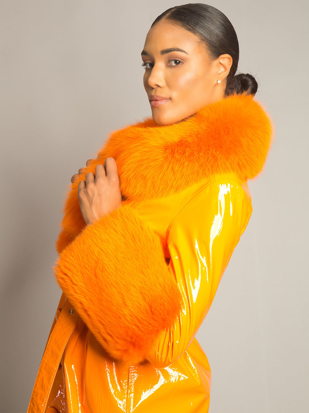 Patent Leather Coat w/ Fox Fur In Orange 24