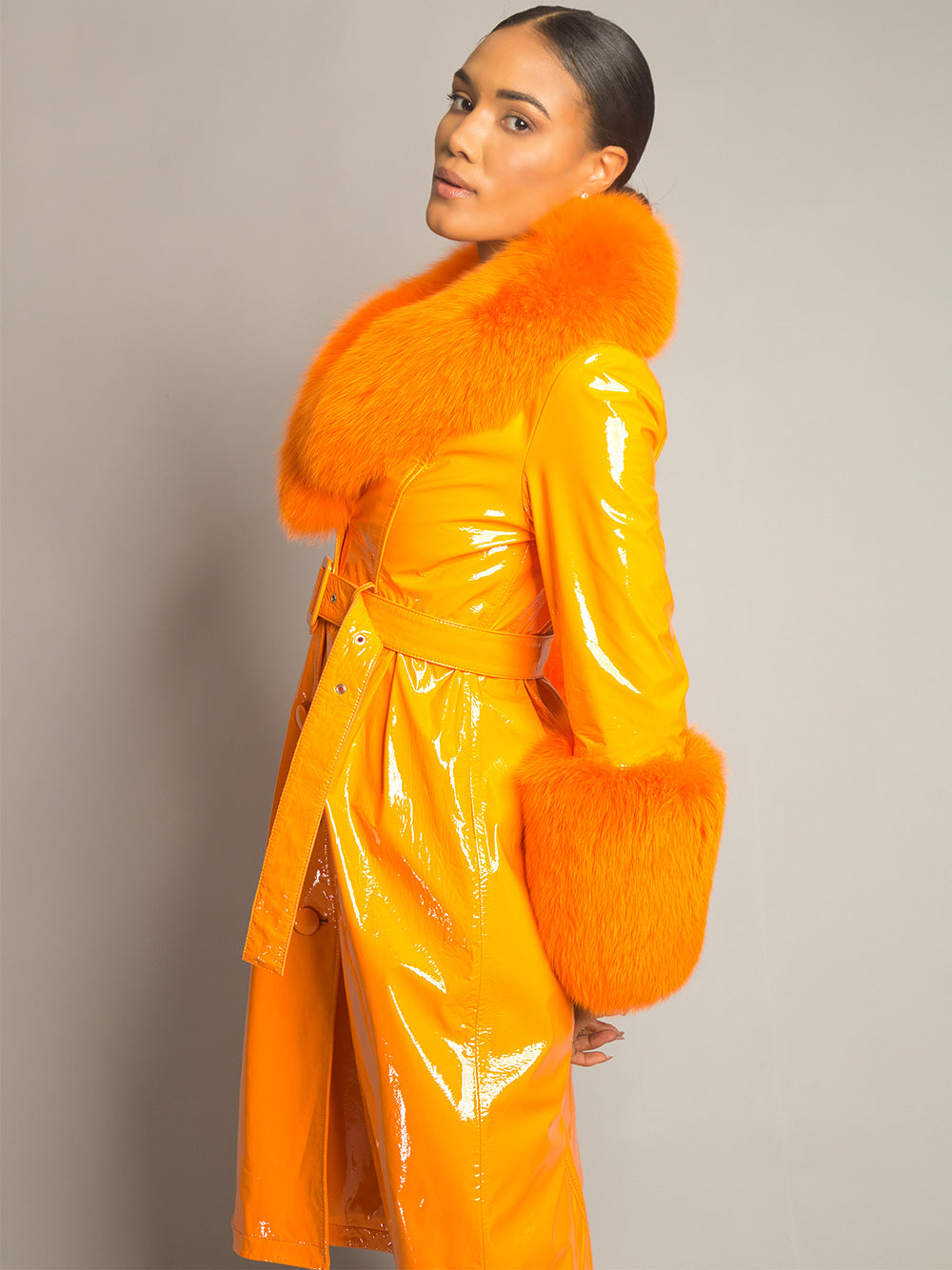 Patent Leather Coat w/ Fox Fur In Orange 21