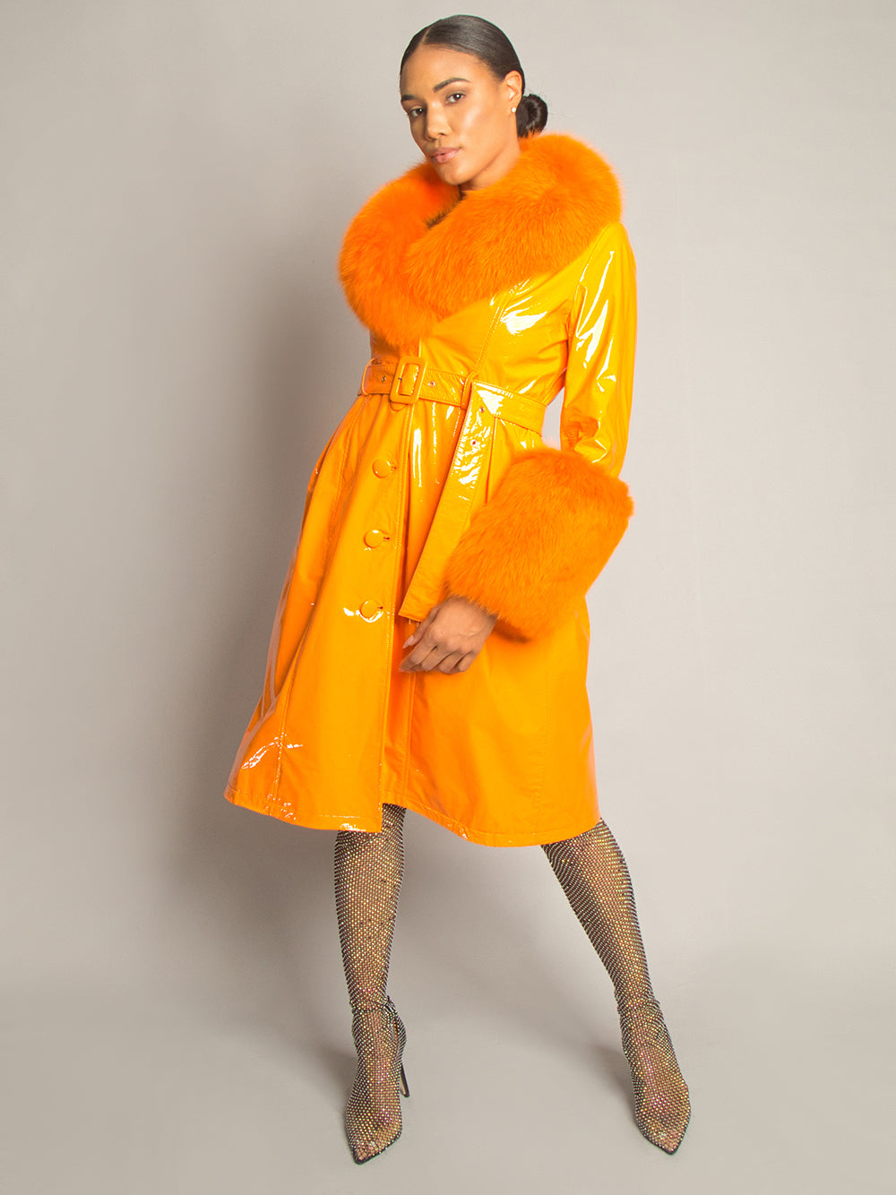 Patent Leather Coat w/ Fox Fur In Orange 5