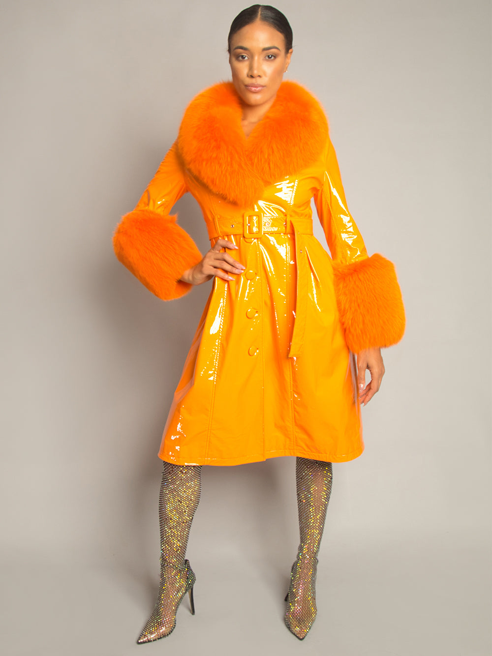 Patent Leather Coat w/ Fox Fur In Orange 2