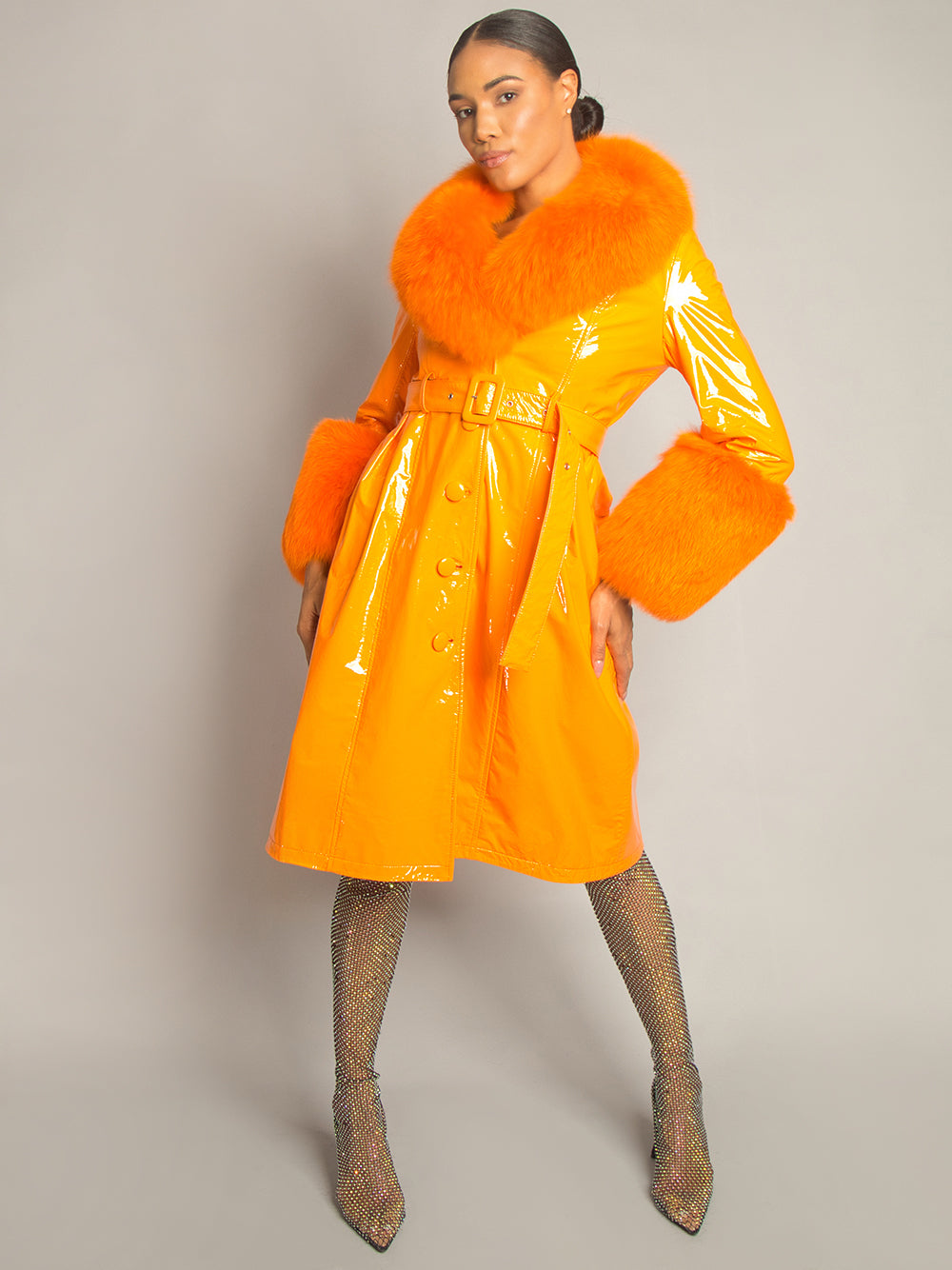 Patent Leather Coat w/ Fox Fur In Orange 13