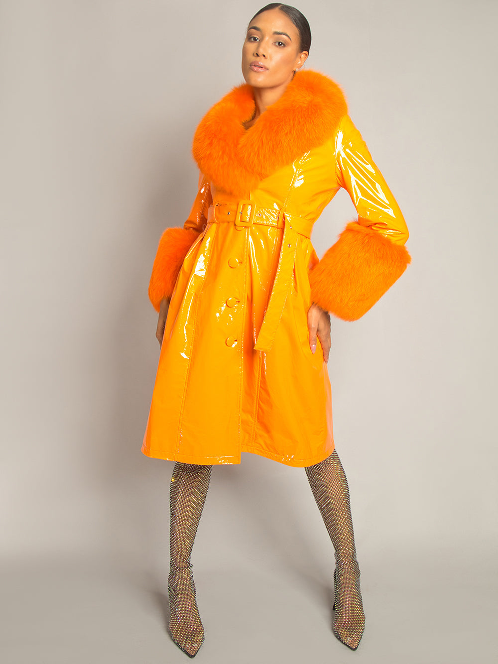 Patent Leather Coat w/ Fox Fur In Orange 15