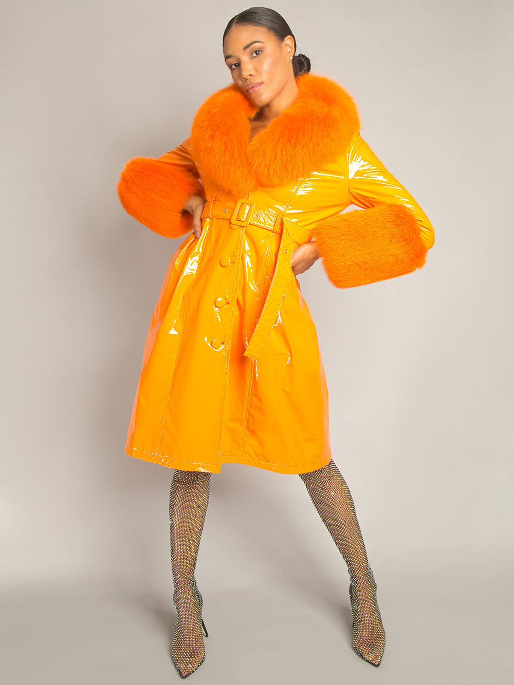 Patent Leather Coat w/ Fox Fur In Orange 11