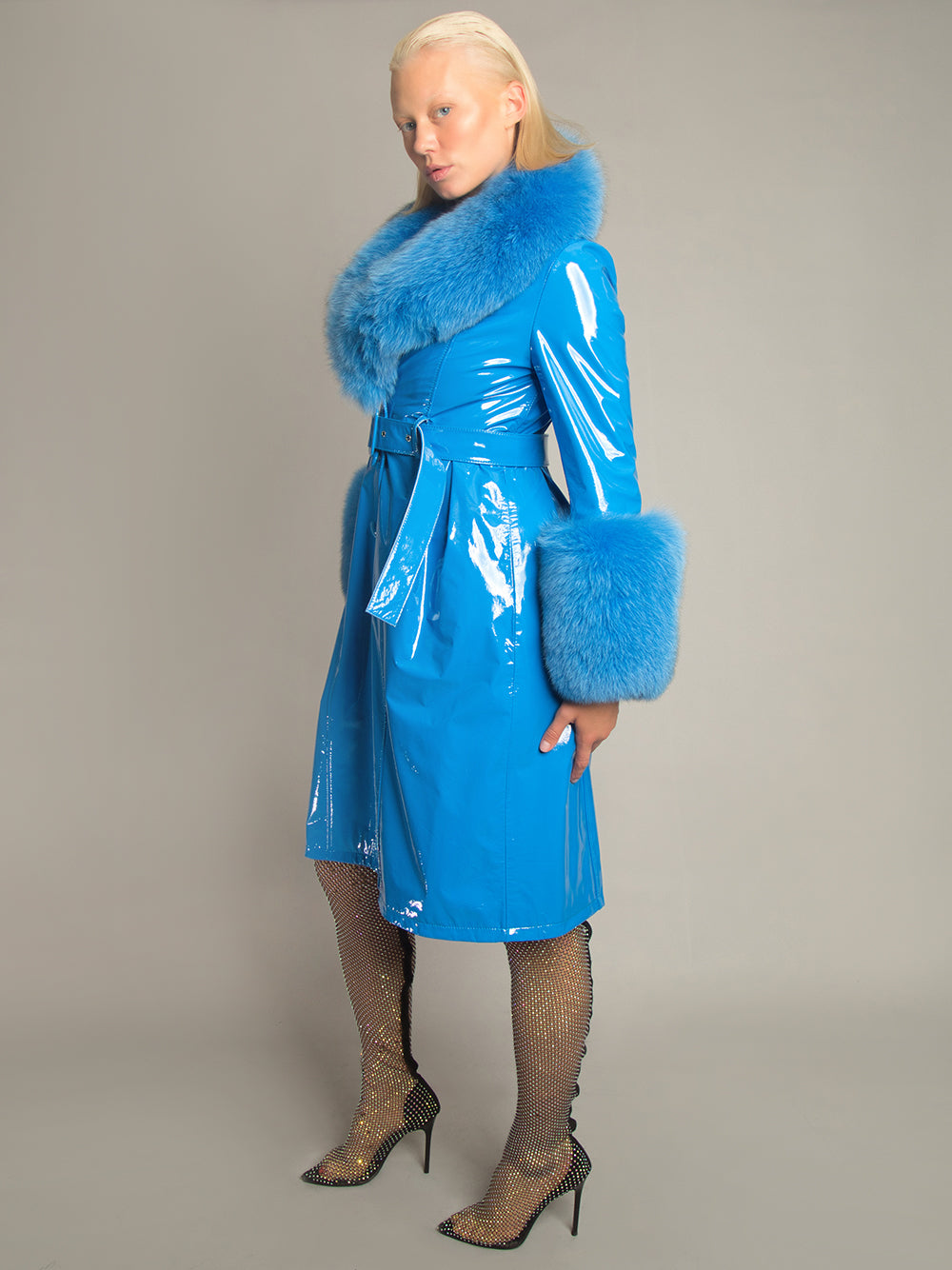 Patent Leather Coat w/ Fox Fur In Blue 4