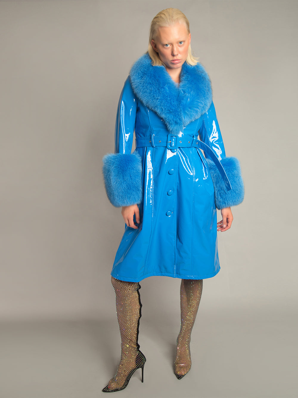 Patent Leather Coat w/ Fox Fur In Blue 2