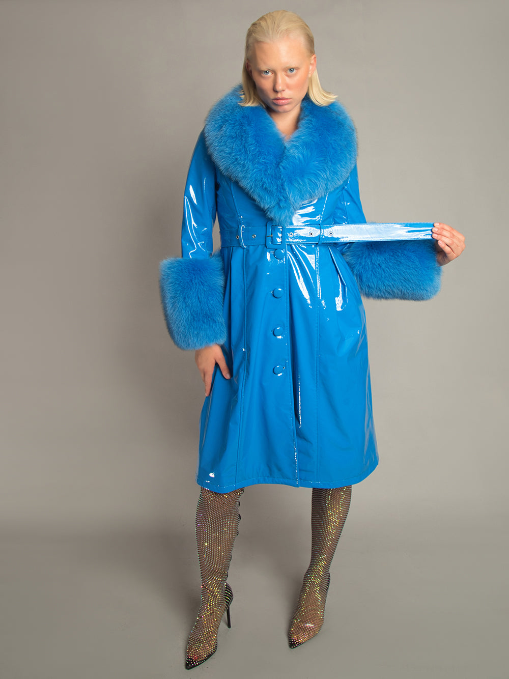 Patent Leather Coat w/ Fox Fur In Blue 5