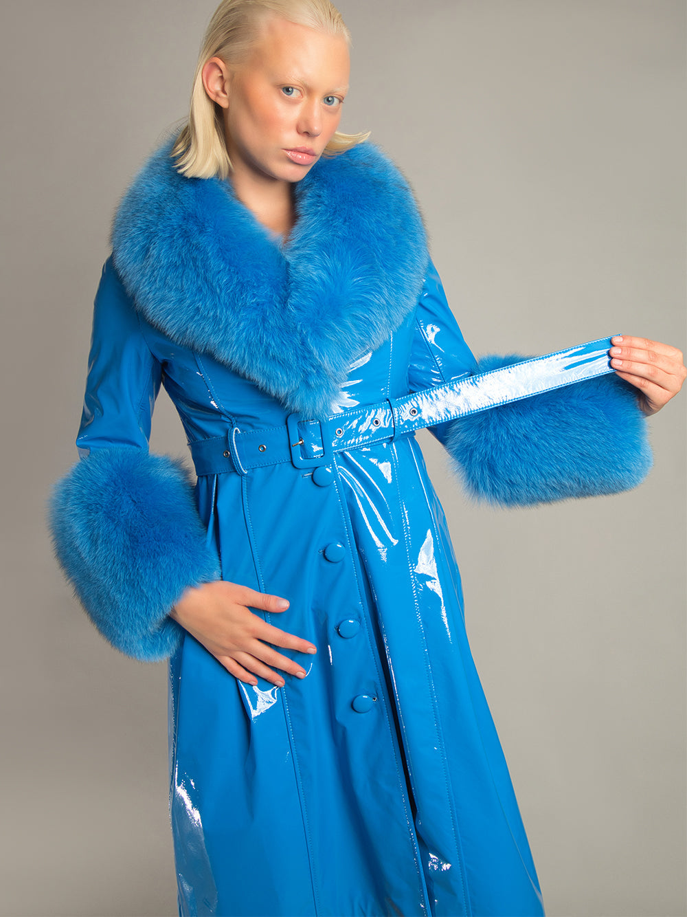 Patent Leather Coat w/ Fox Fur In Blue 10