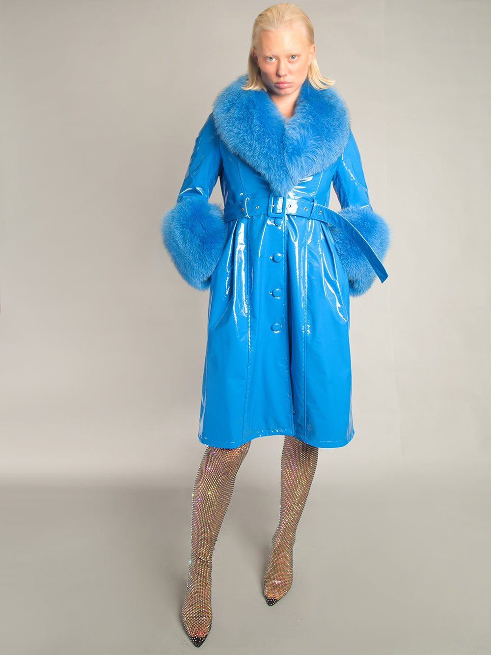 Patent Leather Coat w/ Fox Fur In Blue 7