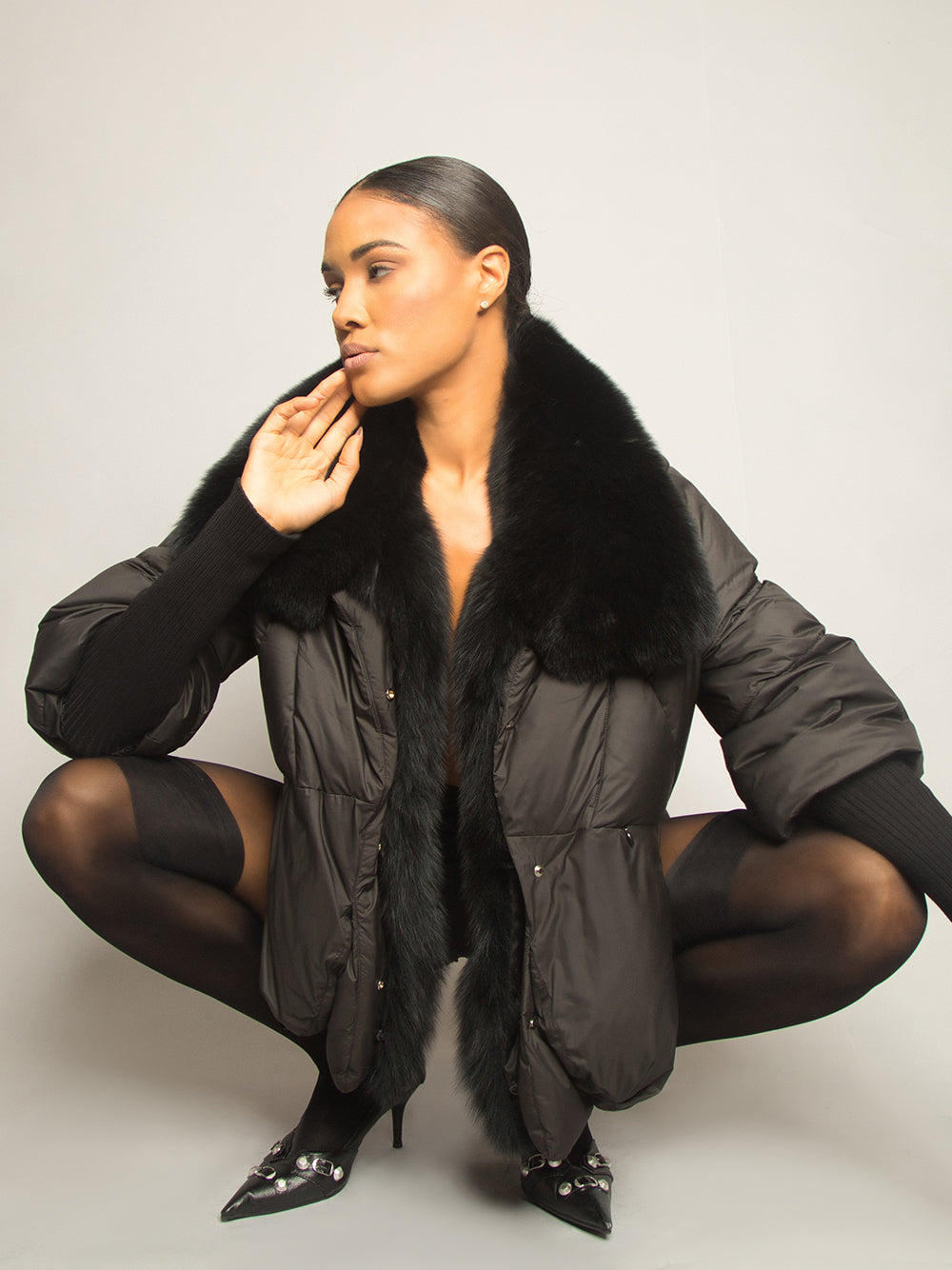 Fur Trim Puffer Jacket in Black 2