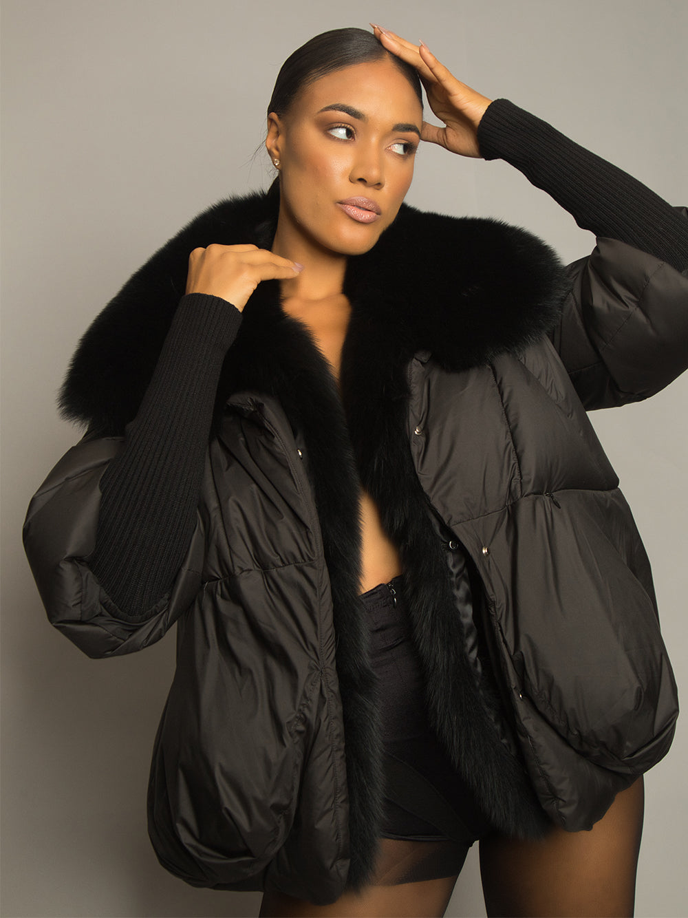 Fur Trim Puffer Jacket in Black 11