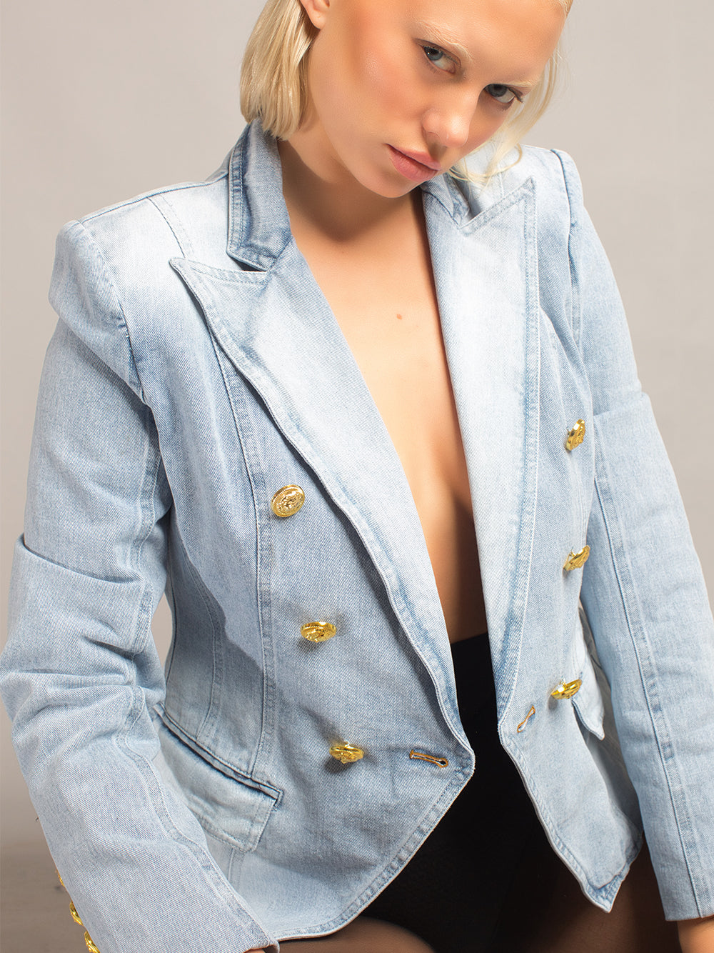 Double Breasted Denim Blazer 7