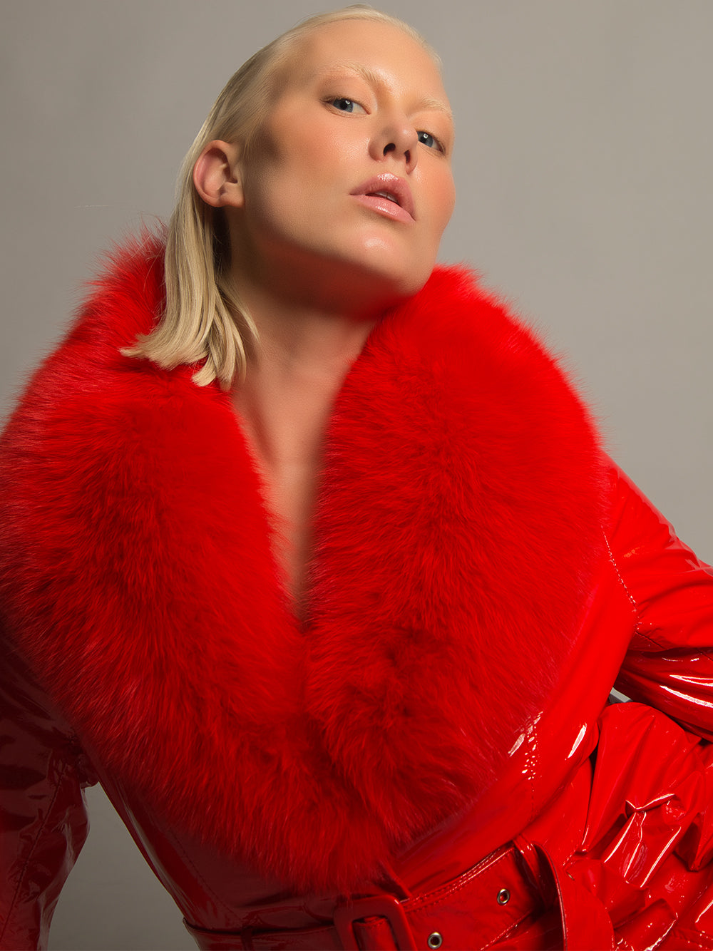 Patent Leather Coat w/ Fox Fur In Red 17