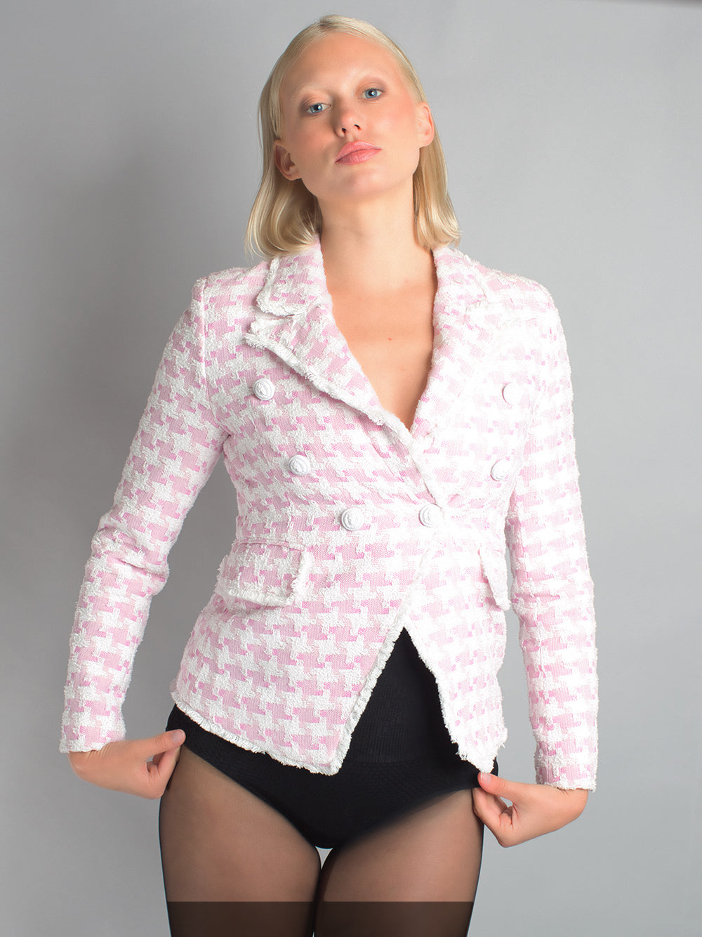 Double Breasted Houndstooth Tweed Blazer 7