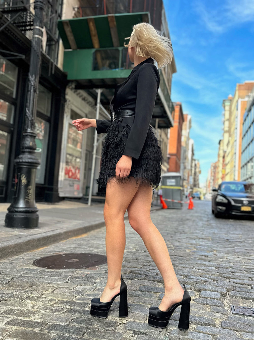 Satin Lapel Deep V Long Sleeve Feather Skirt Blazer Mini Dress 9