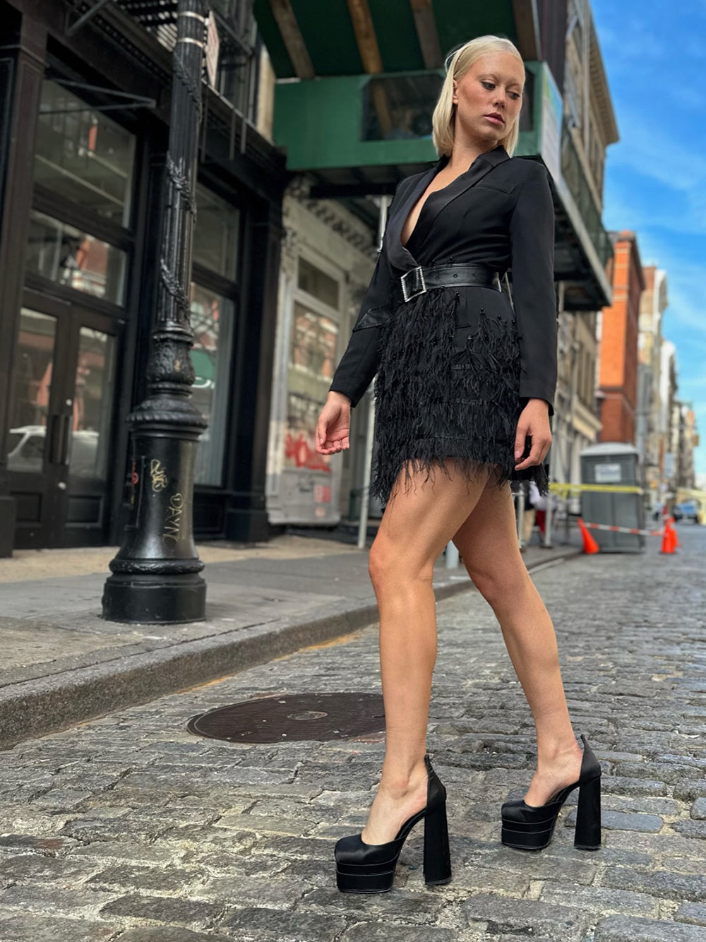Satin Lapel Deep V Long Sleeve Feather Skirt Blazer Mini Dress 12