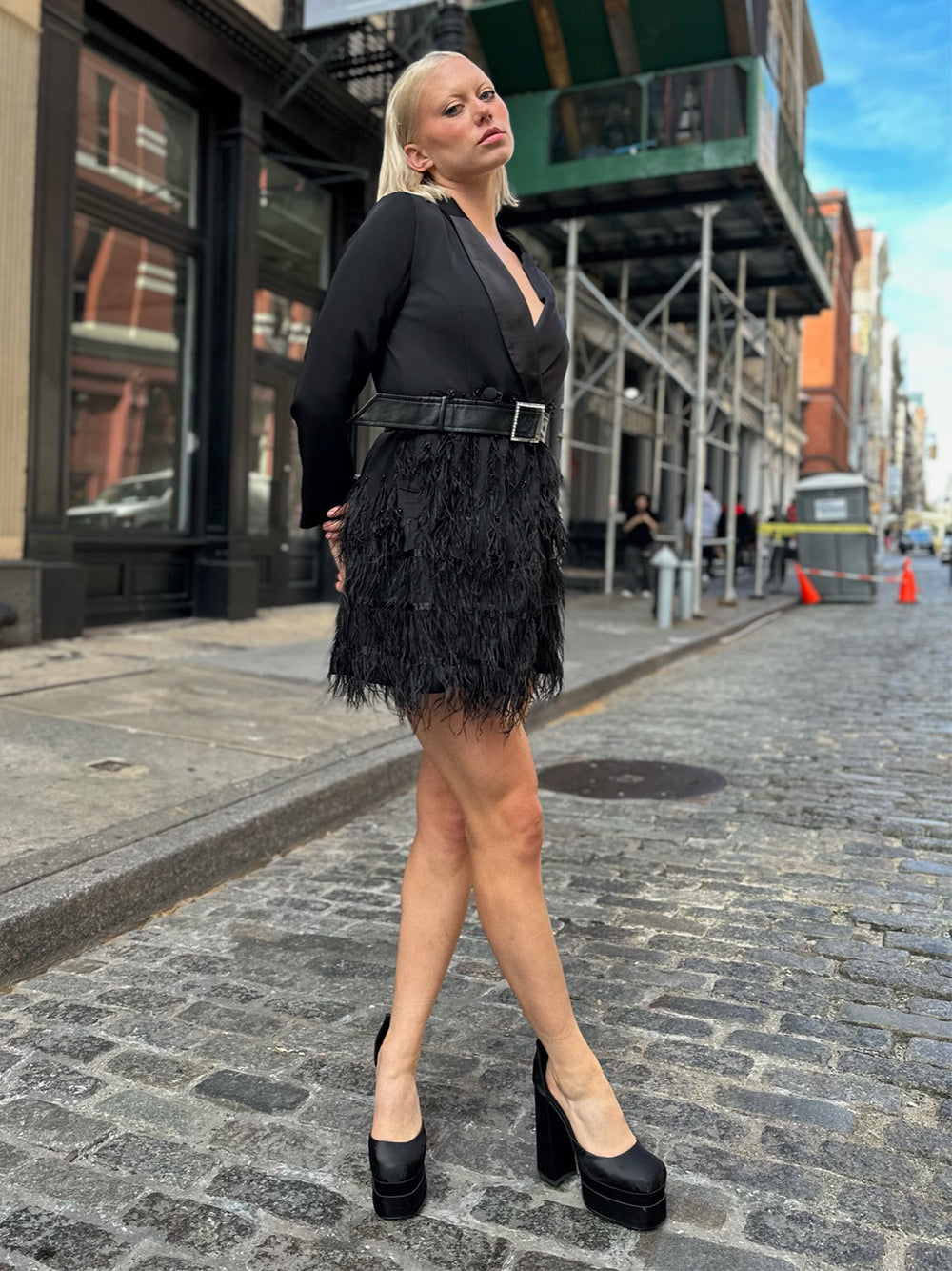 Satin Lapel Deep V Long Sleeve Feather Skirt Blazer Mini Dress 14