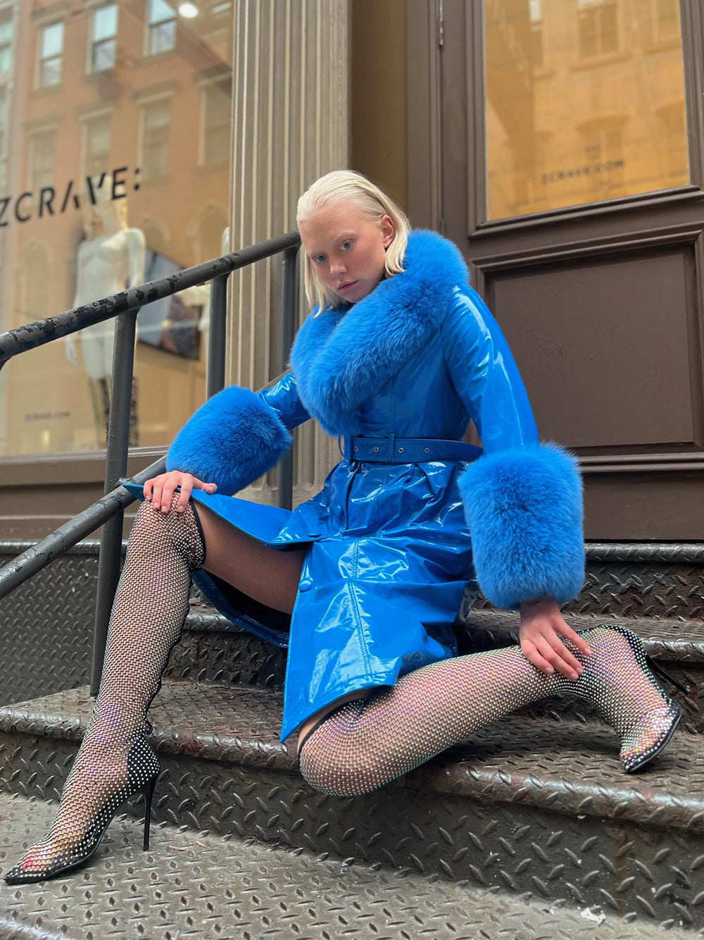 Patent Leather Coat w/ Fox Fur In Blue 17