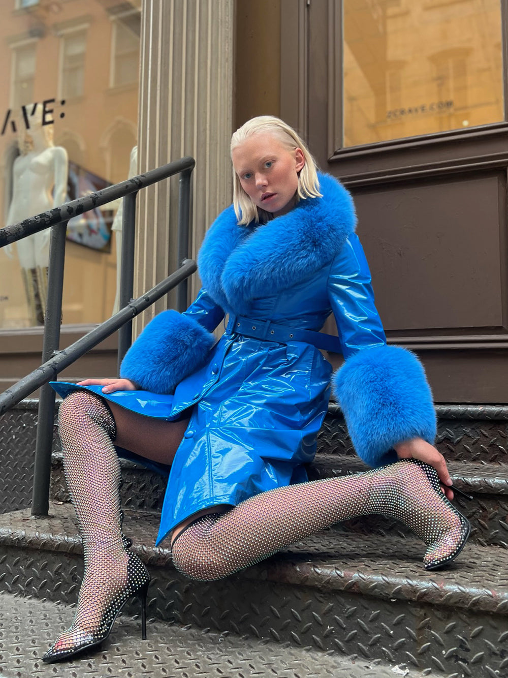 Patent Leather Coat w/ Fox Fur In Blue 15