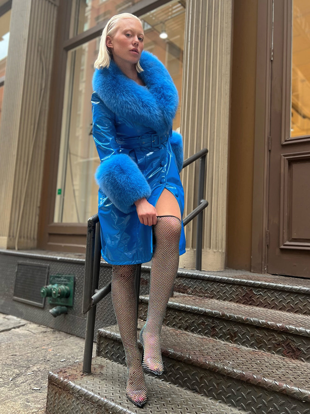 Patent Leather Coat w/ Fox Fur In Blue 14