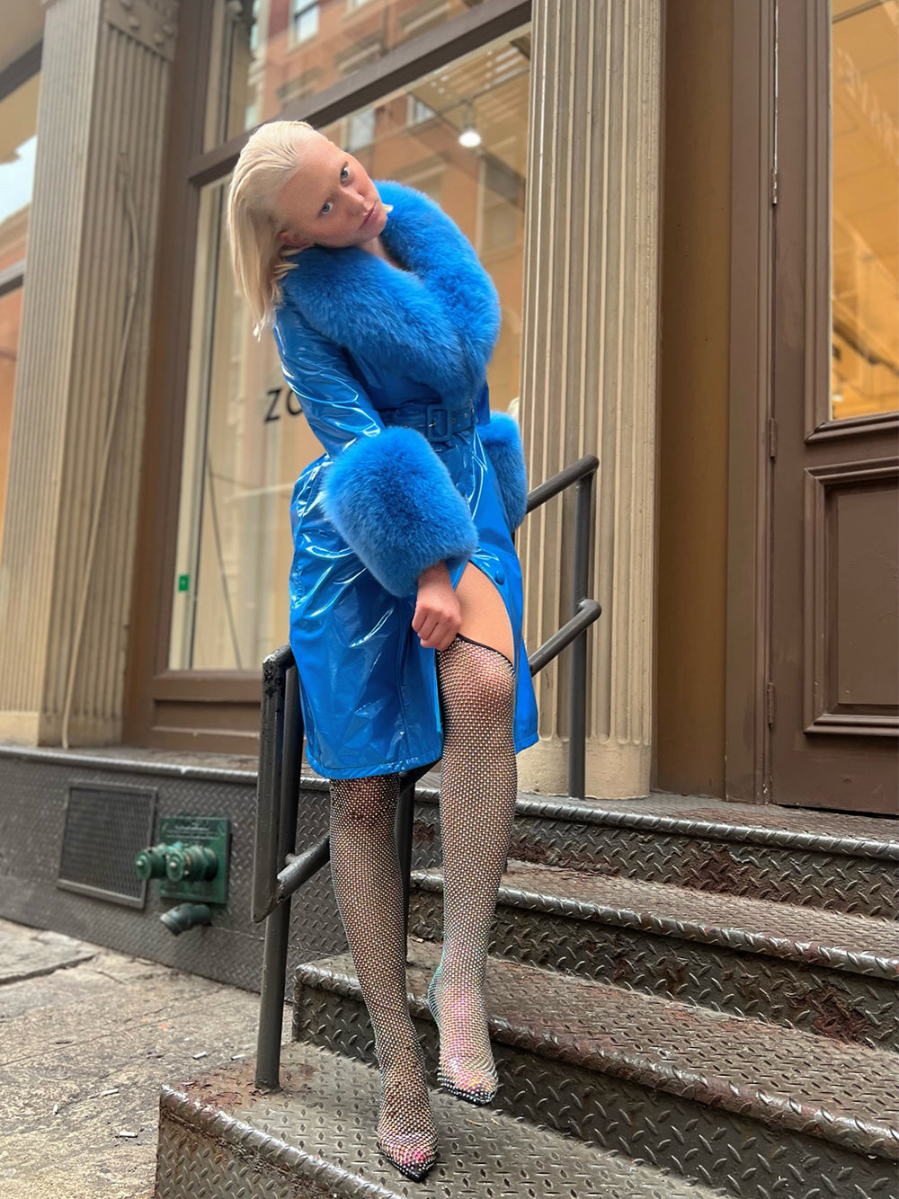 Patent Leather Coat w/ Fox Fur In Blue 21