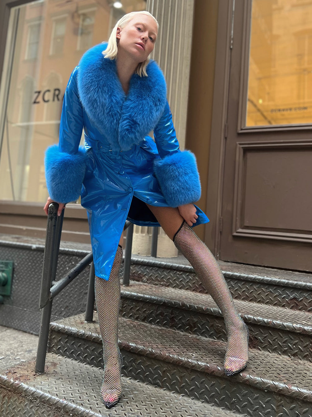 Patent Leather Coat w/ Fox Fur In Blue 20