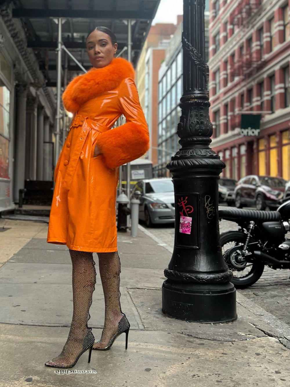 Patent Leather Coat w/ Fox Fur In Orange 29